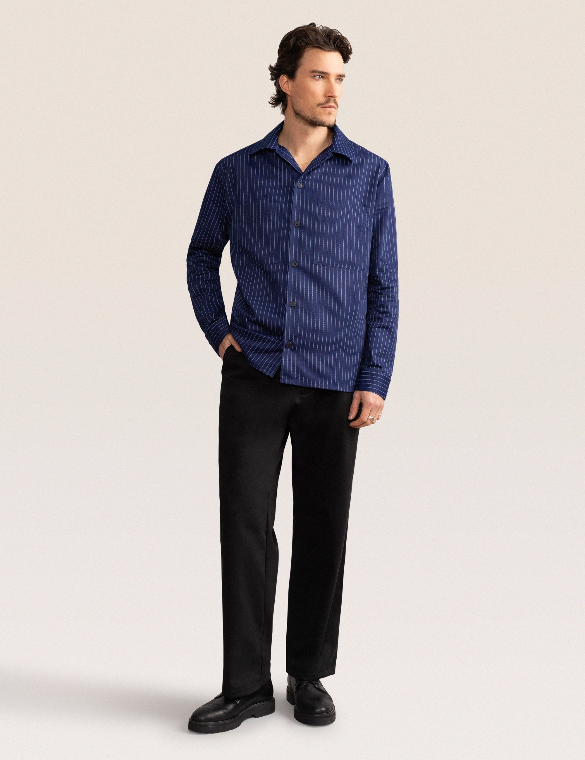 Bandsome Overshirt in Navy Pinstripe - Australian made cotton overshirt