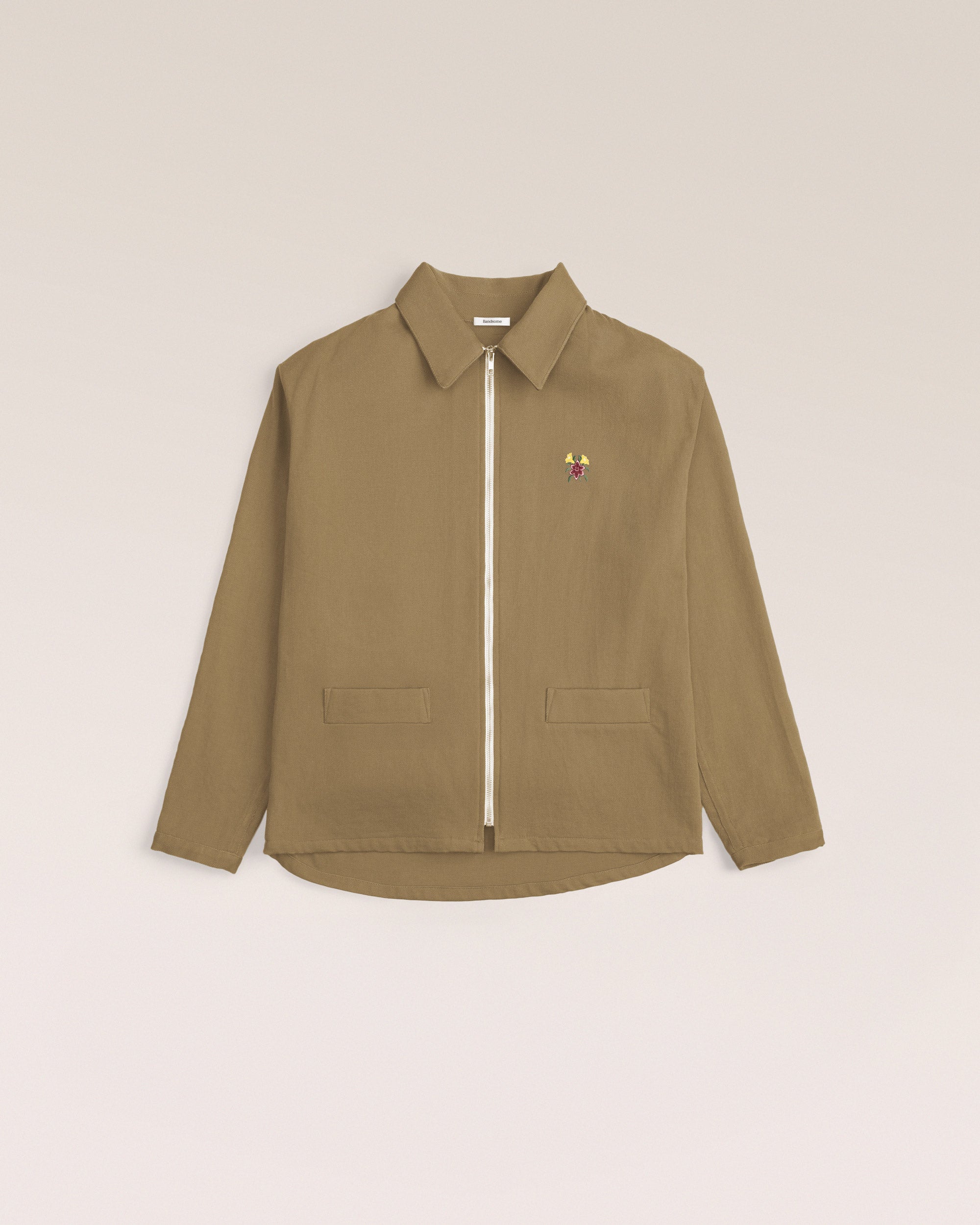 Bandsome LS Drill Zip Jacket in Camel Flower Smiley - Australian made organic cotton jacket