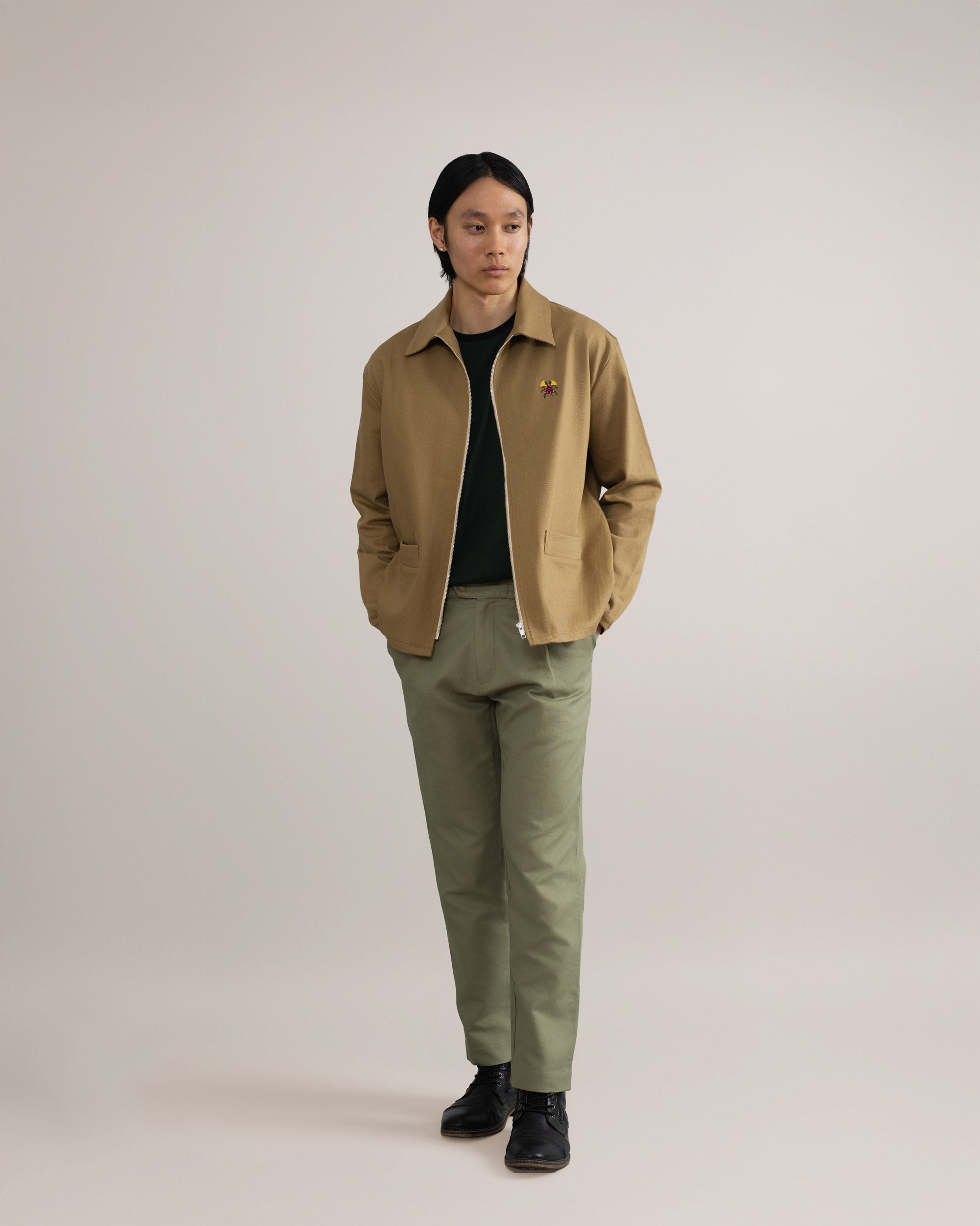 Bandsome LS Drill Zip Jacket in Camel Flower Smiley - Australian made organic cotton jacket