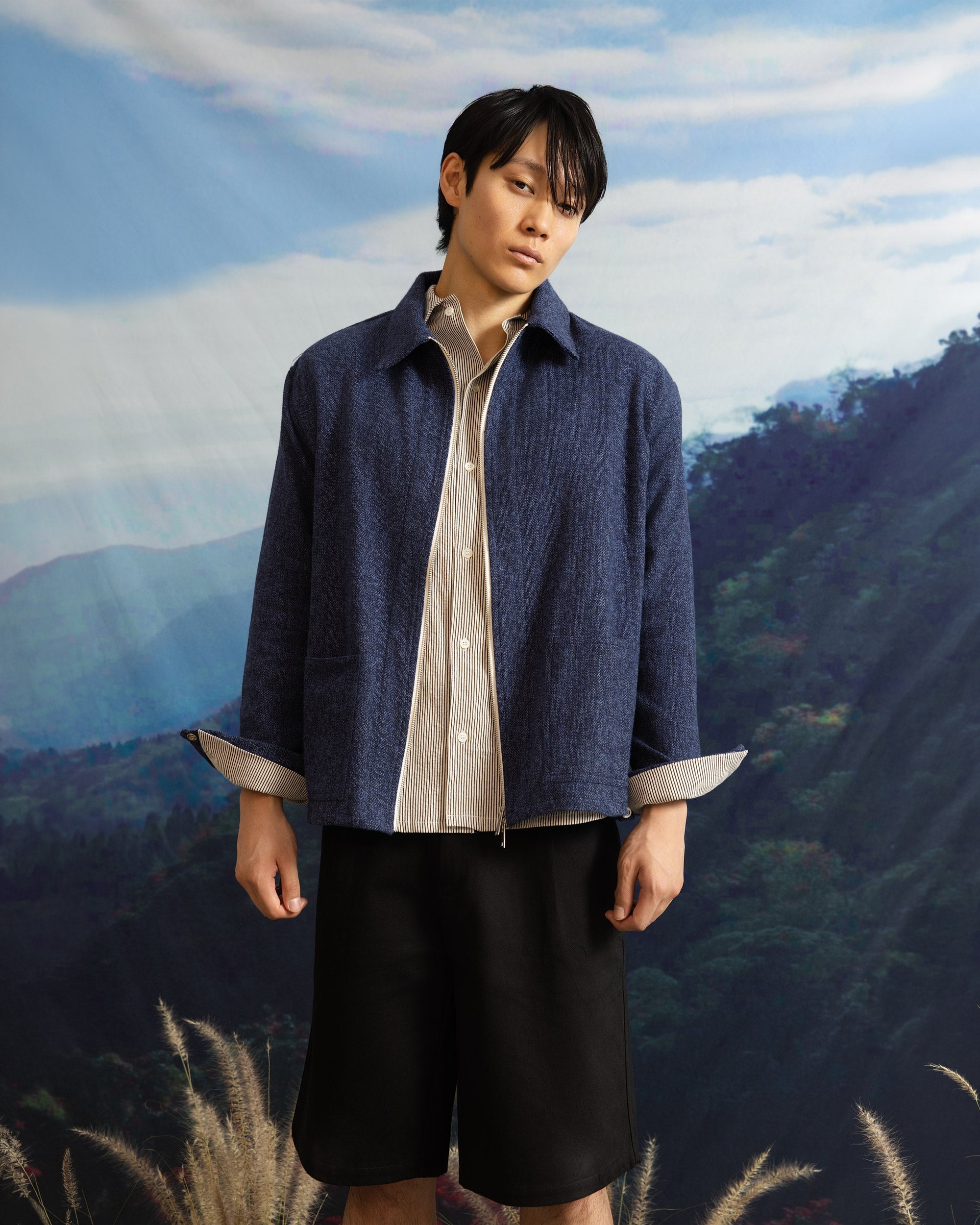 Iki LS Zip Jacket Blue Herringbone-3