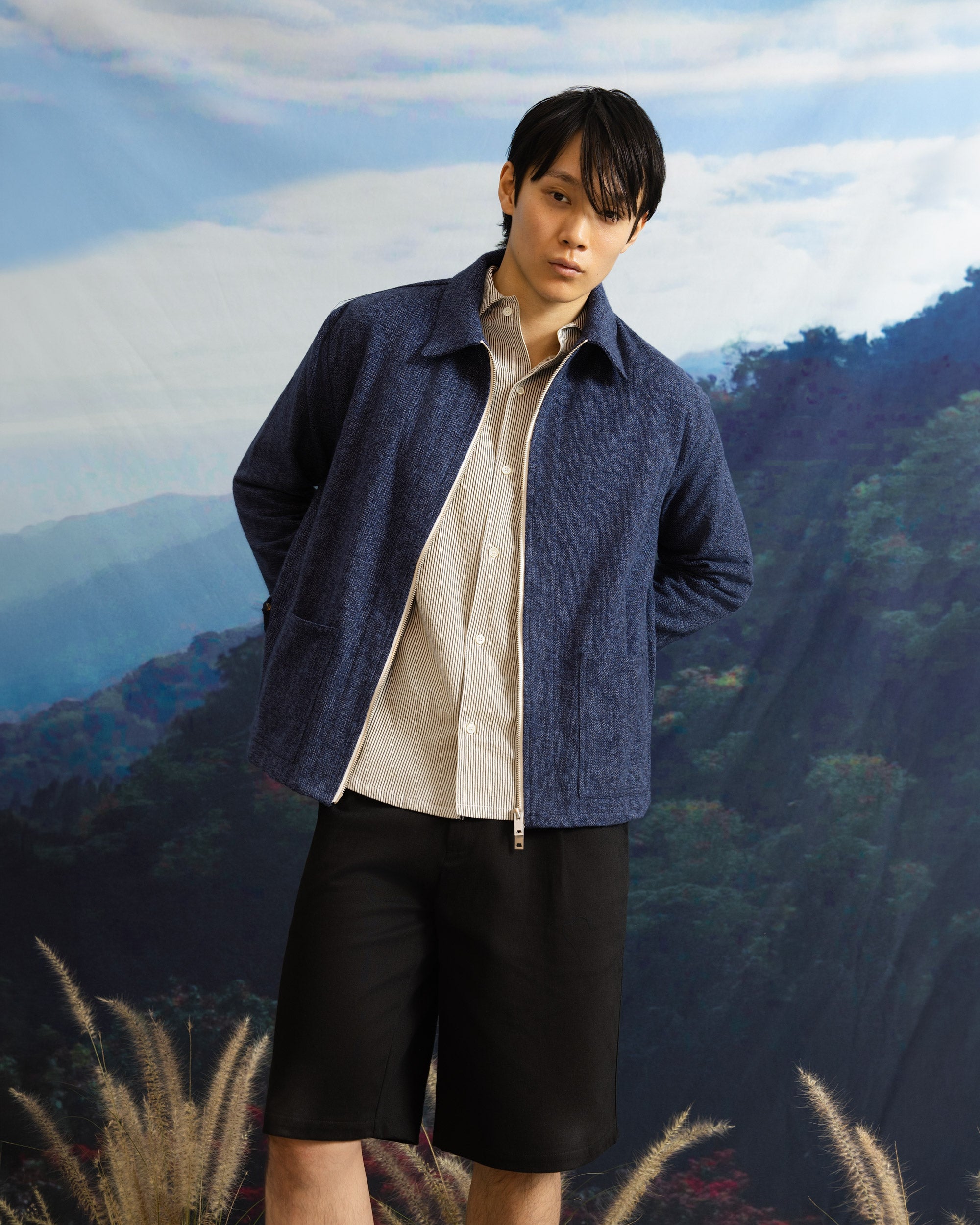 Iki LS Zip Jacket Blue Herringbone