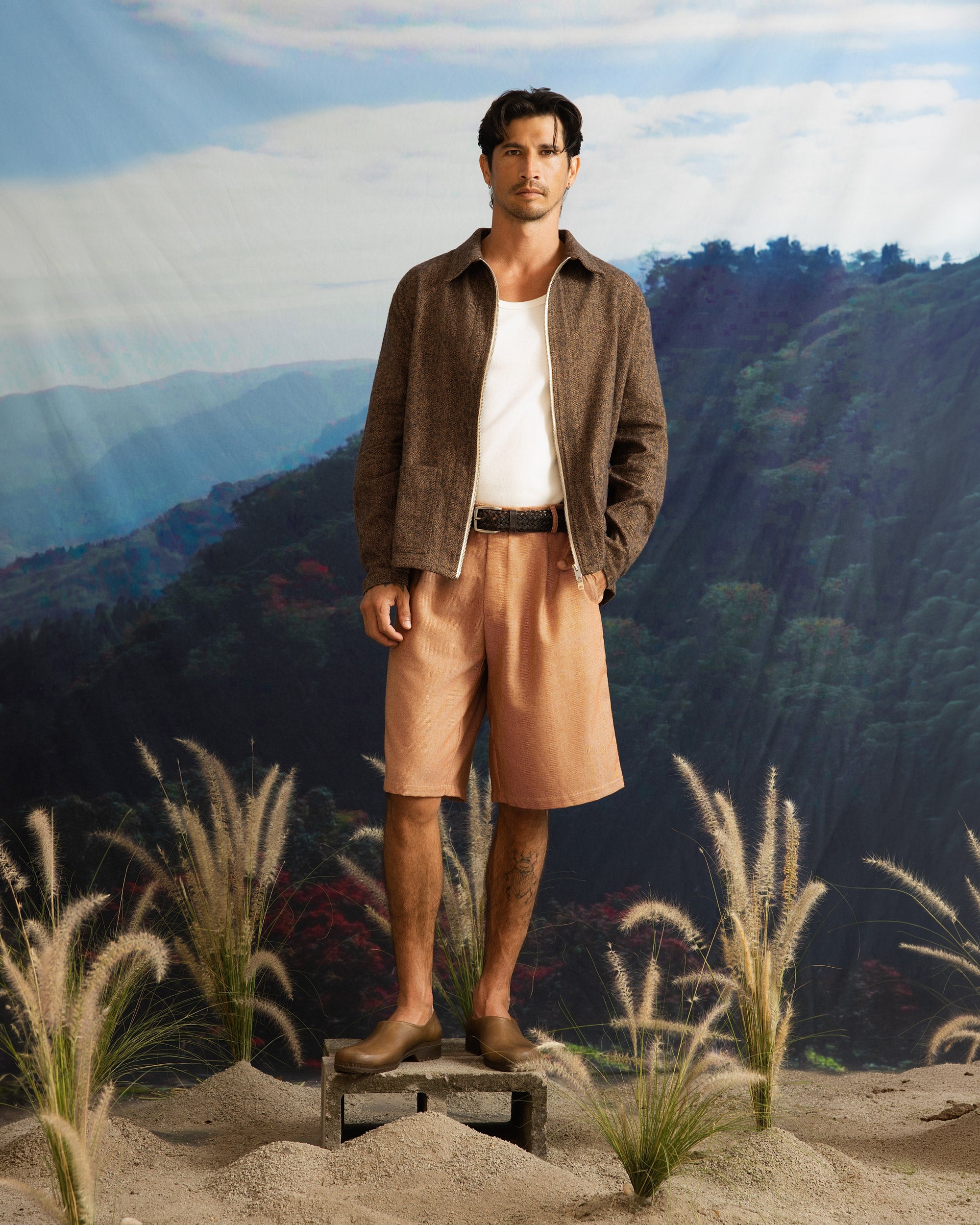 Iki LS Zip Jacket Brown Herringbone