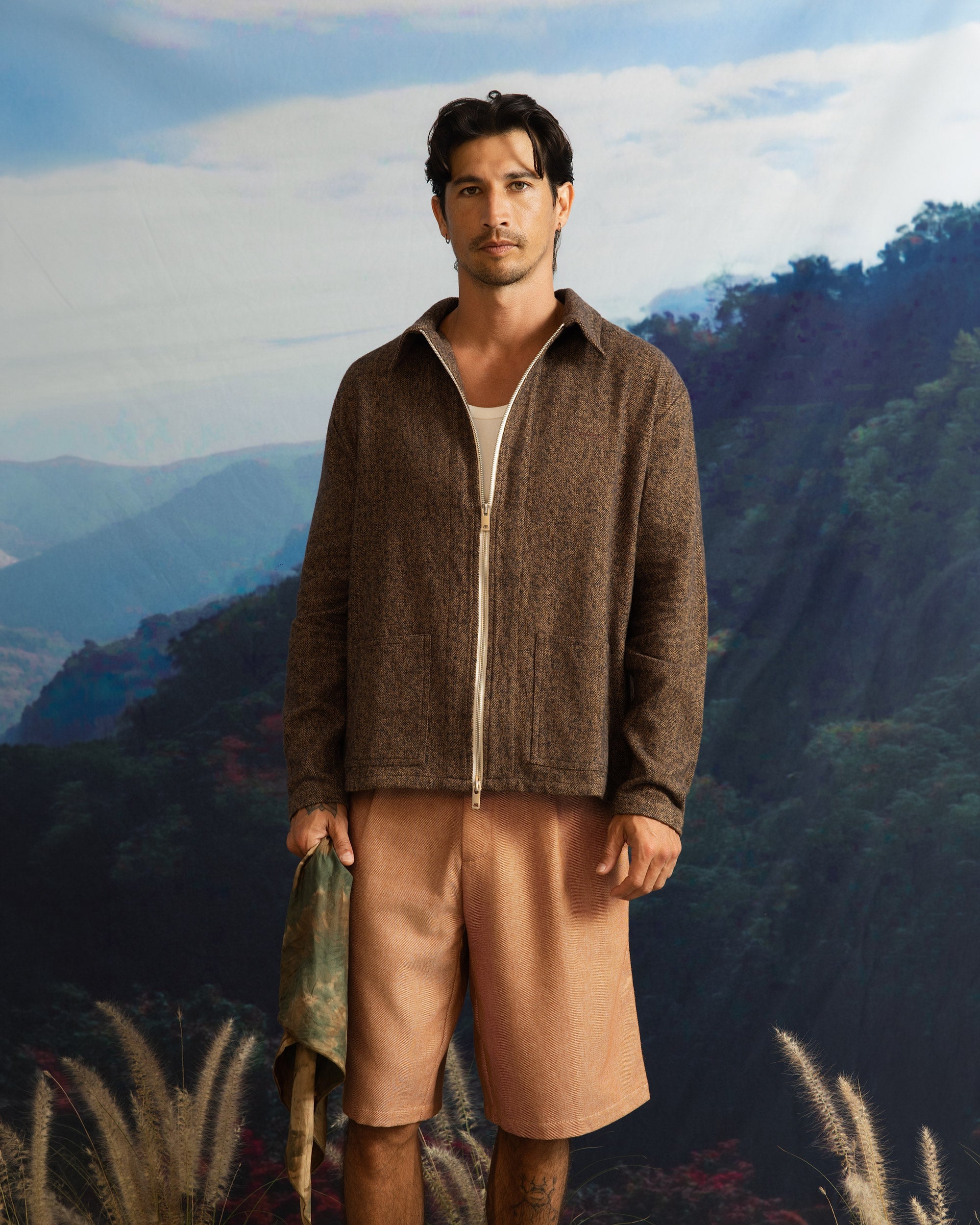 Iki LS Zip Jacket Brown Herringbone-3