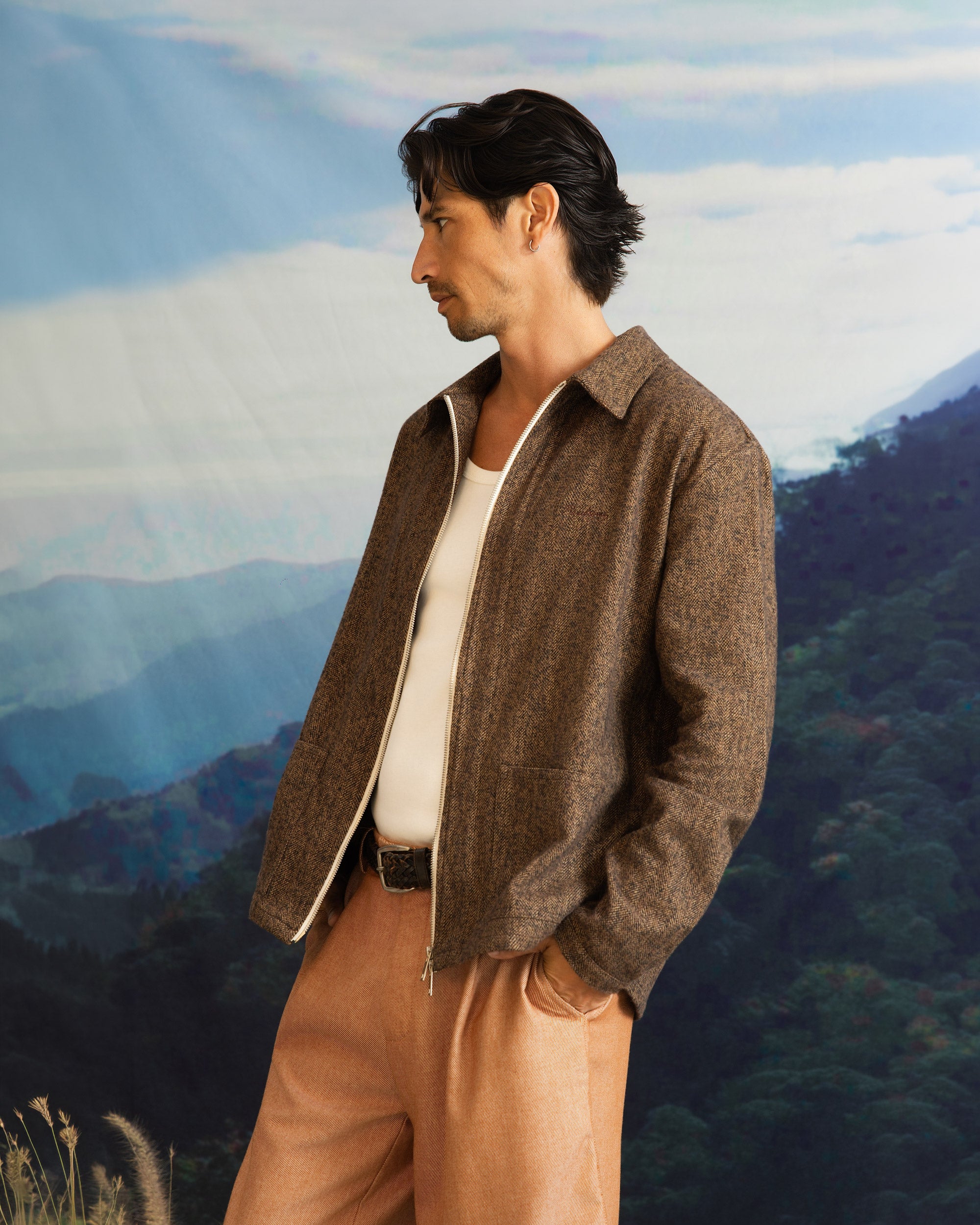 Iki LS Zip Jacket Brown Herringbone-4