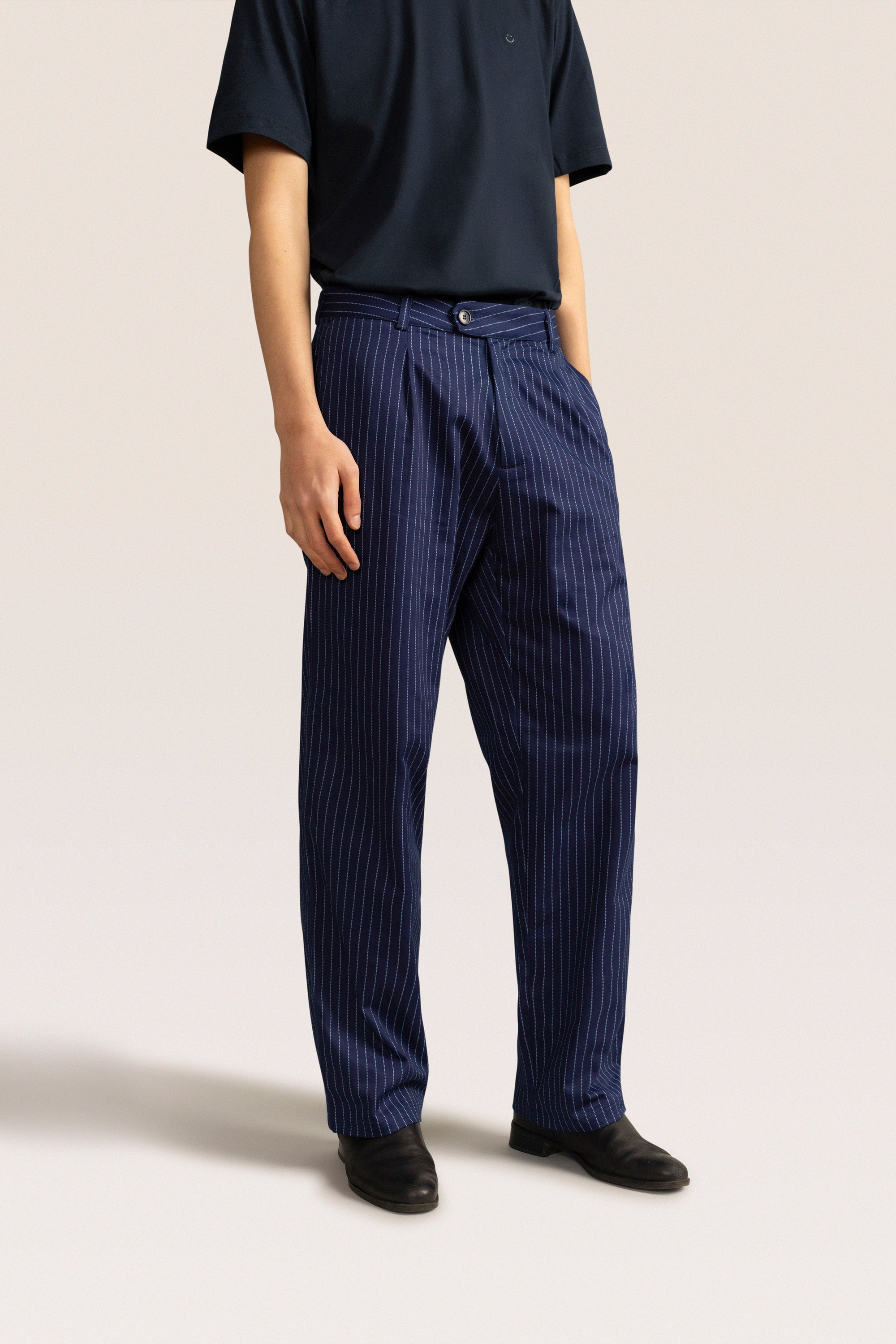 Bandsome pleated trouser in blue pinstripe - Australian made cotton trousers