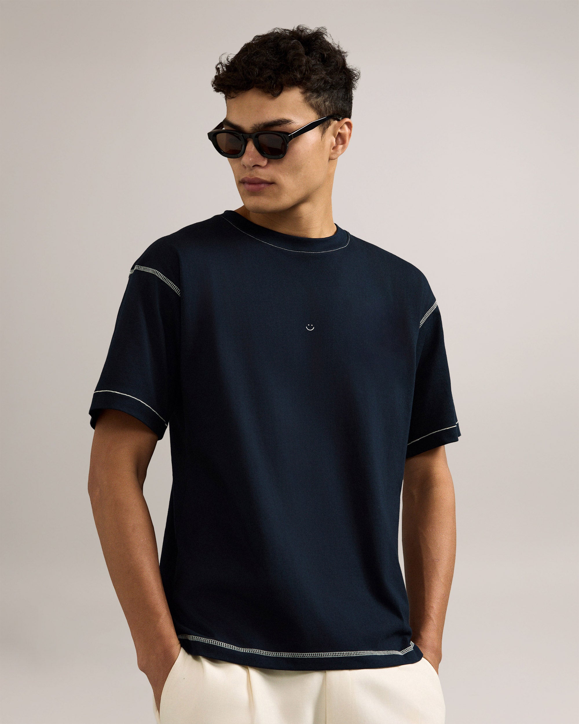 Bandsome Box T-Shirt in Navy Contrast Smiley - Australian made organic cotton