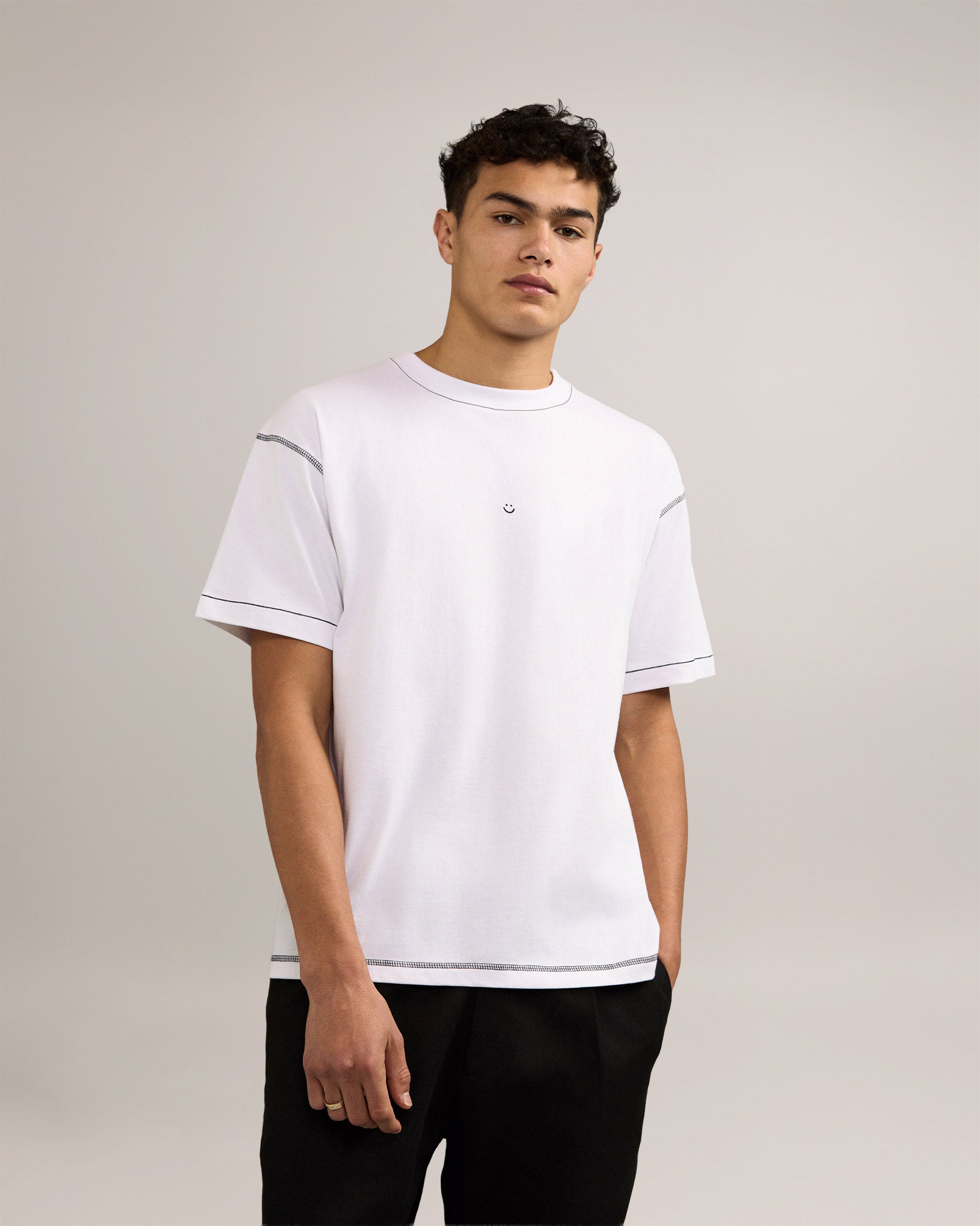 Bandsome Box T-Shirt in White Contrast Smiley - Australian made organic cotton