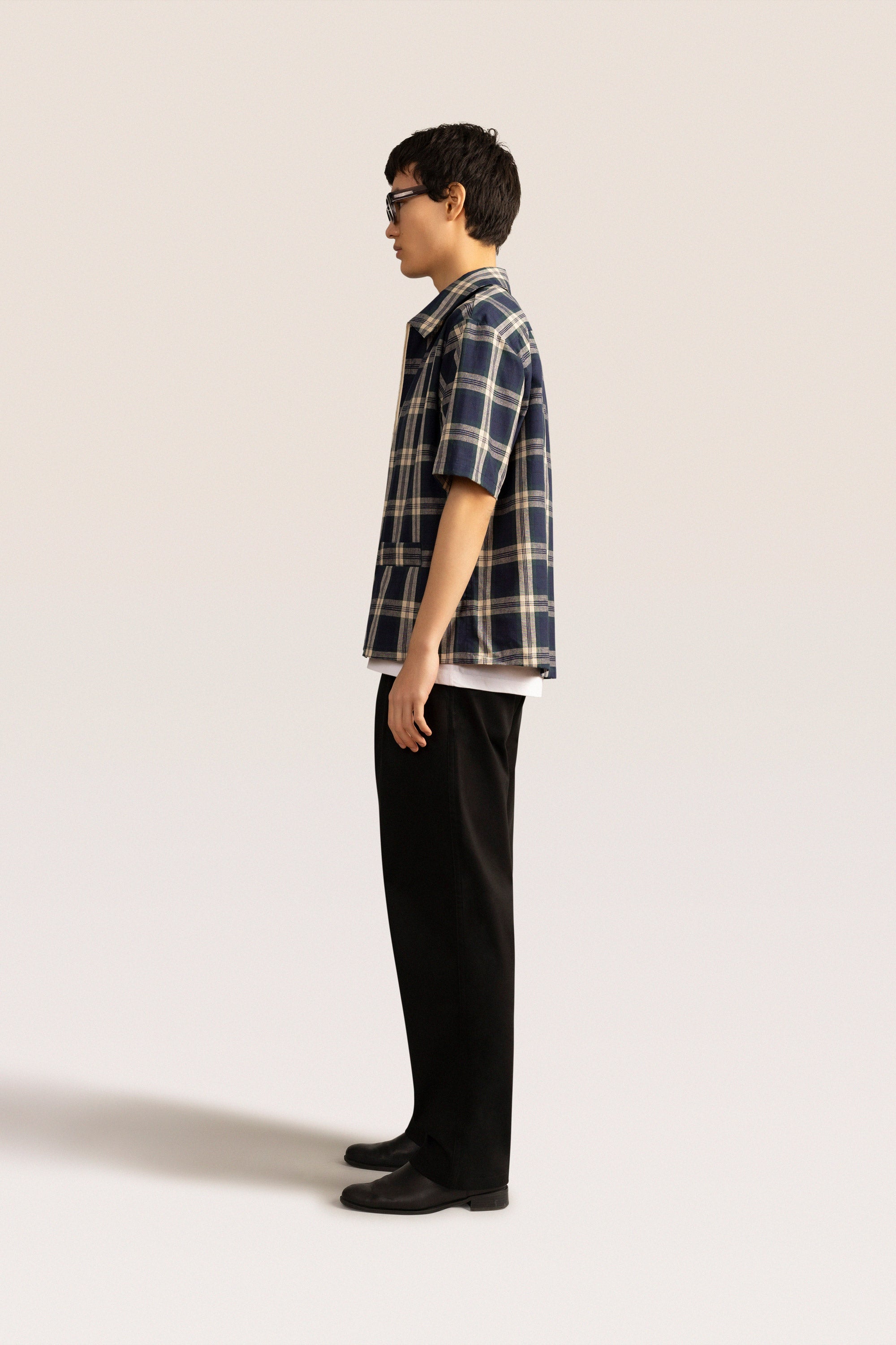 Bandsome SS Zip Shirt in Wide Check Navy - Australian made cotton top