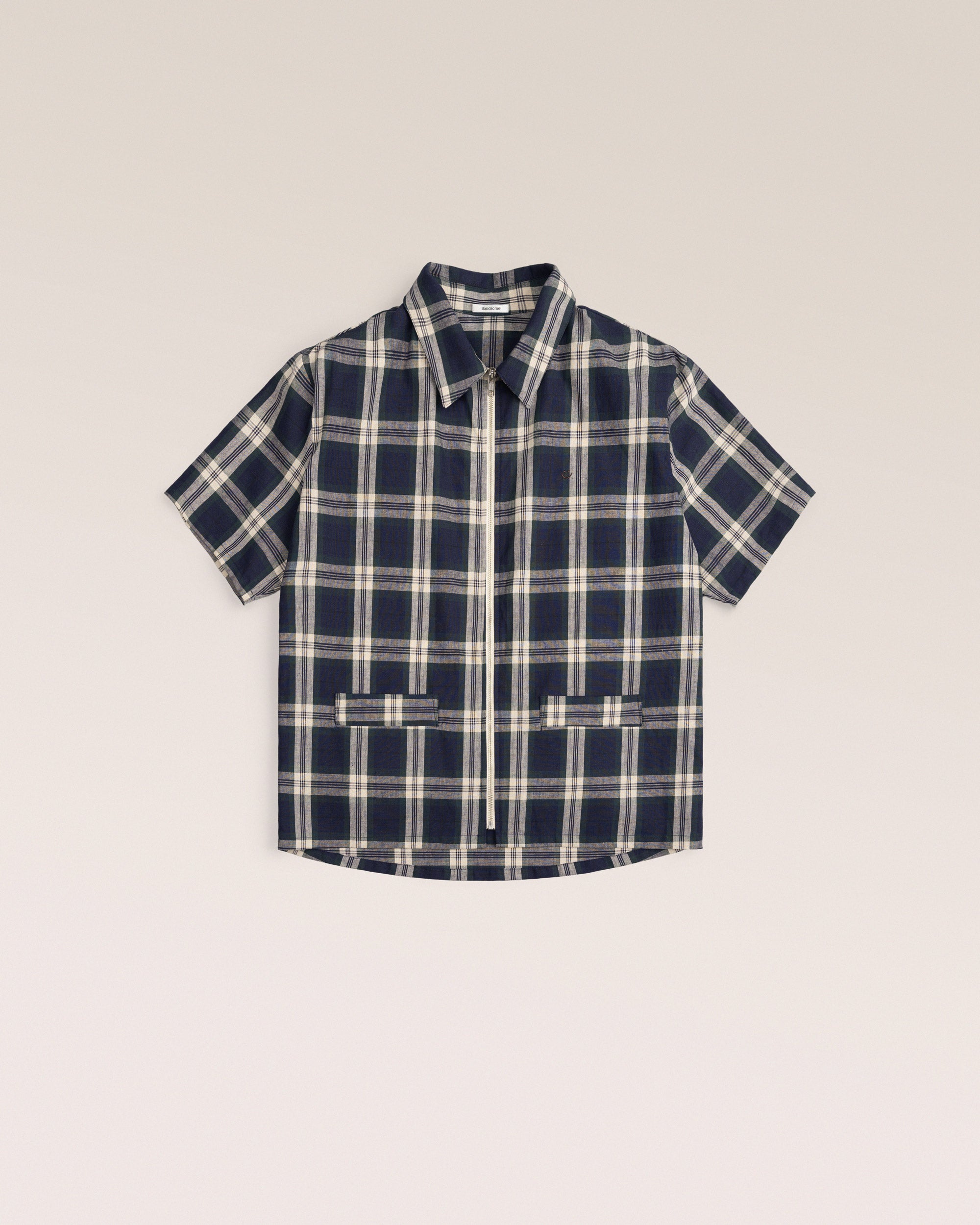 Bandsome SS Zip Shirt in Wide Check Navy - Australian made cotton top