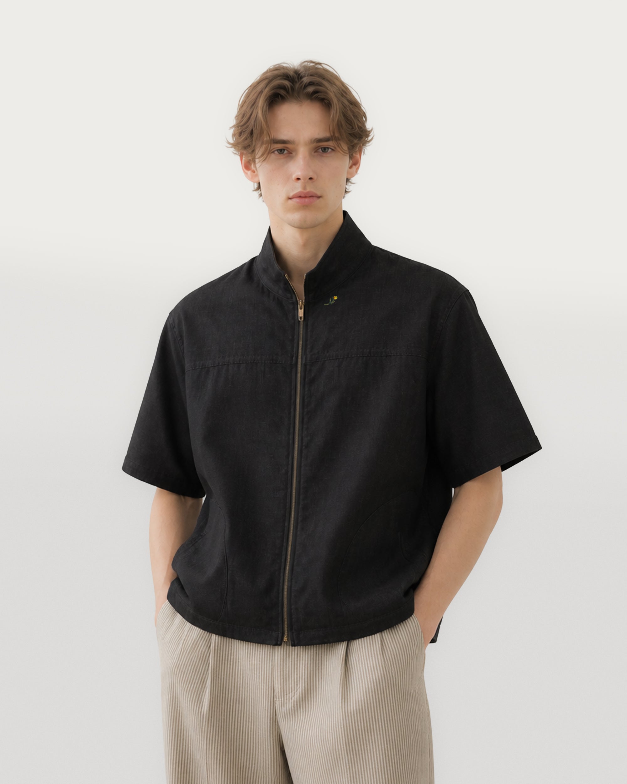 Fairway SS Zip Shirt Black Linen