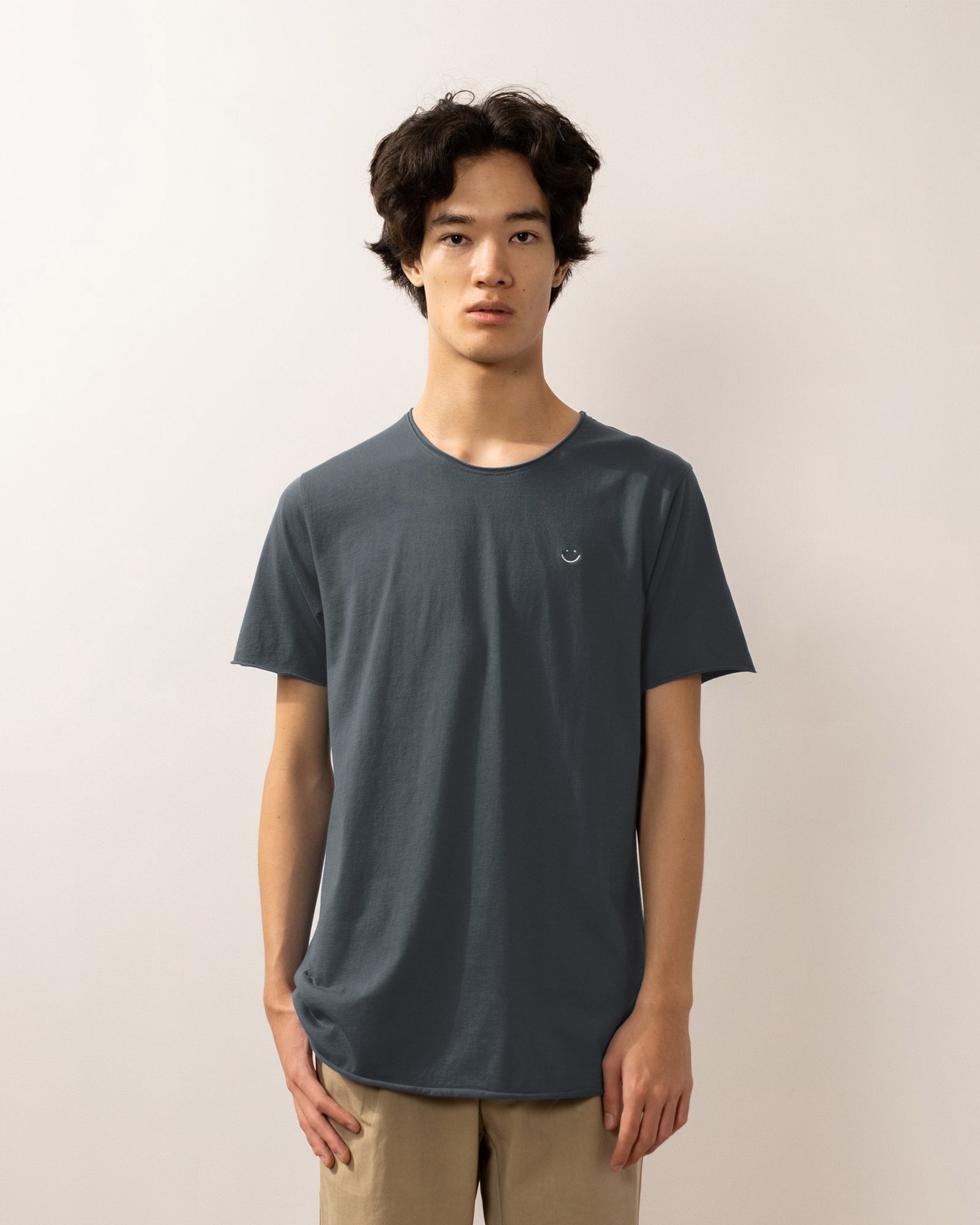 Bandsome original raw t-shirt in charcoal blue smiley - Australian made organic cotton top