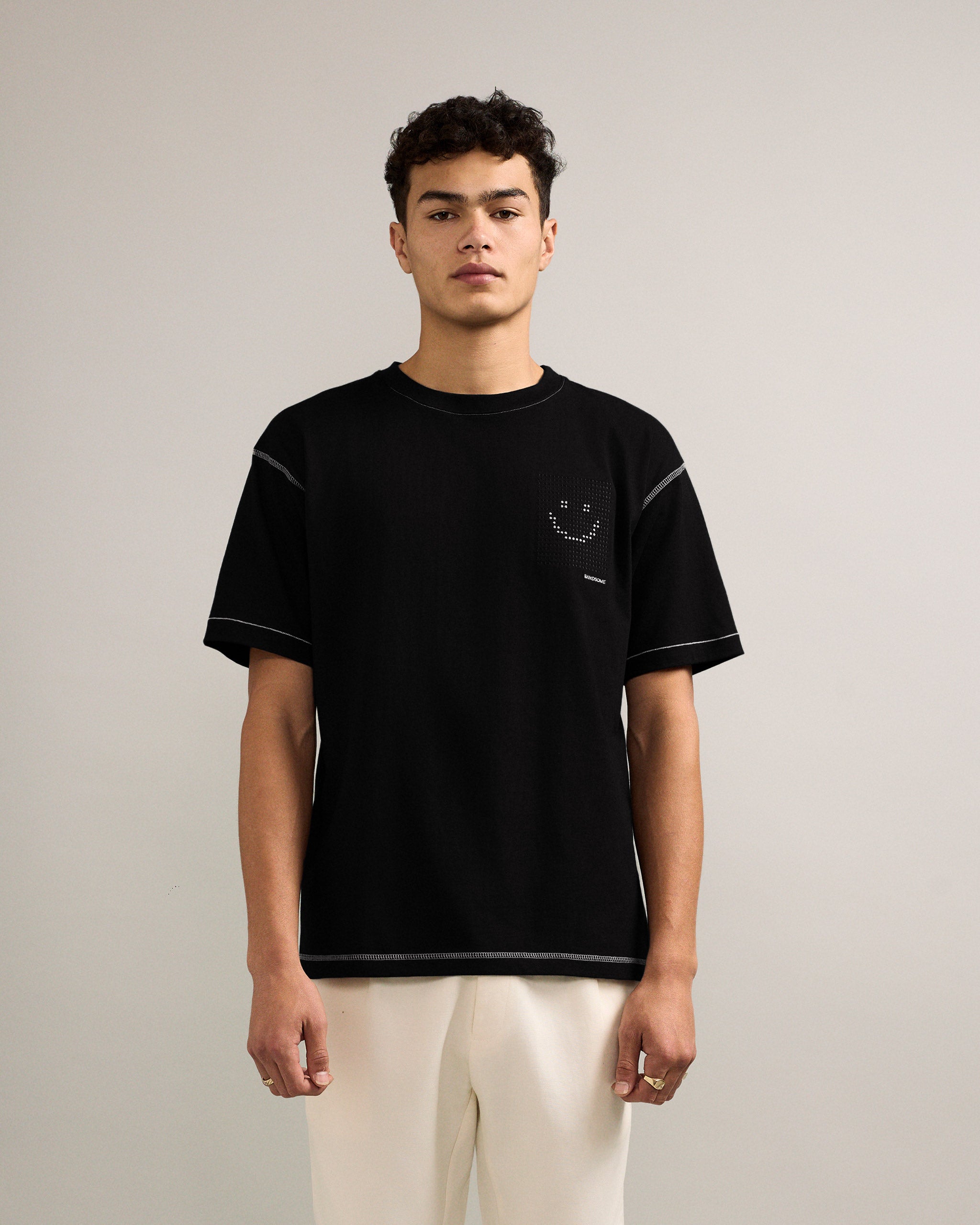 Bandsome Box T-Shirt in Black Dots Smiley - Australian made organic cotton