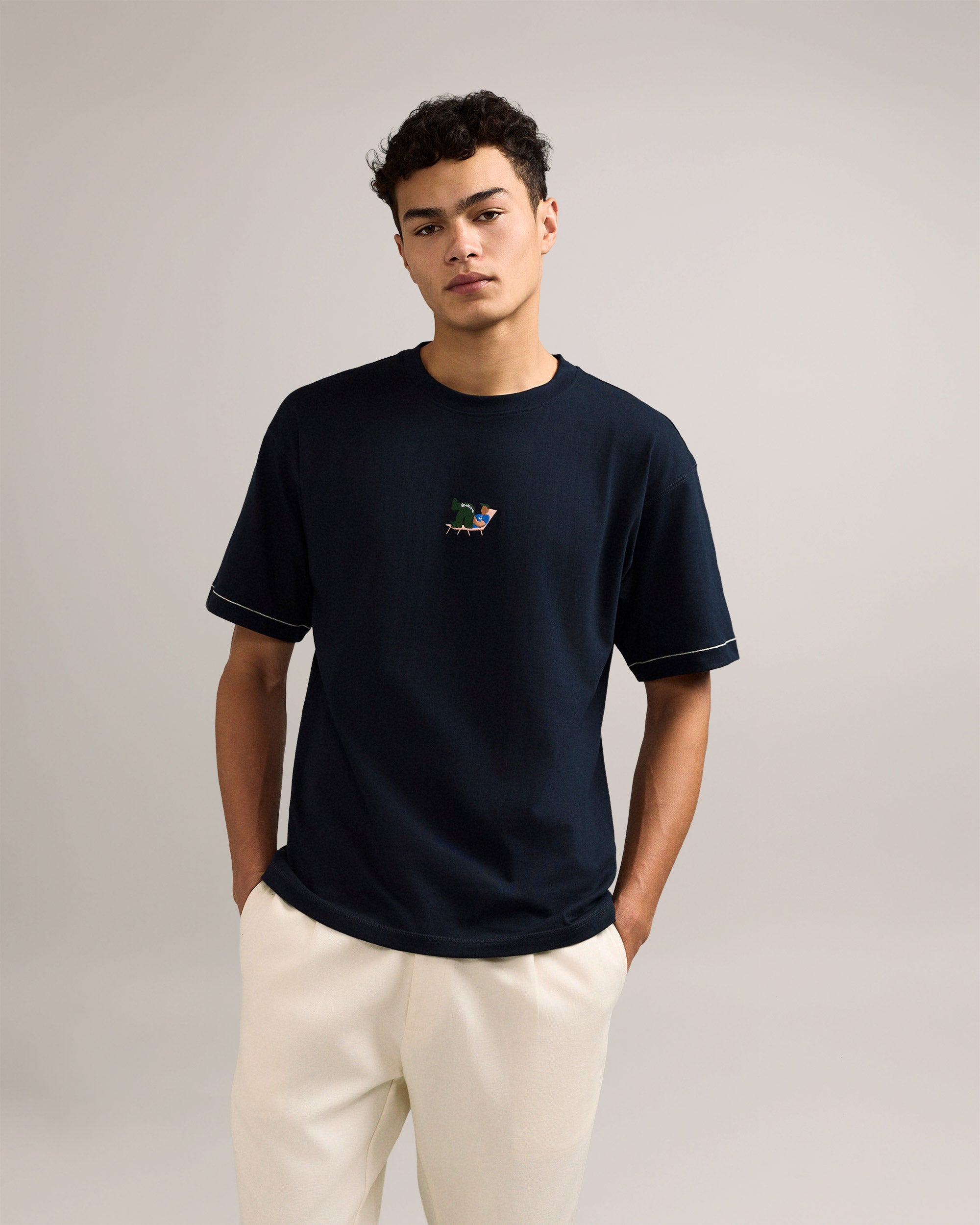Bandsome Box T-Shirt in Navy Lying Man - Australian made organic cotton