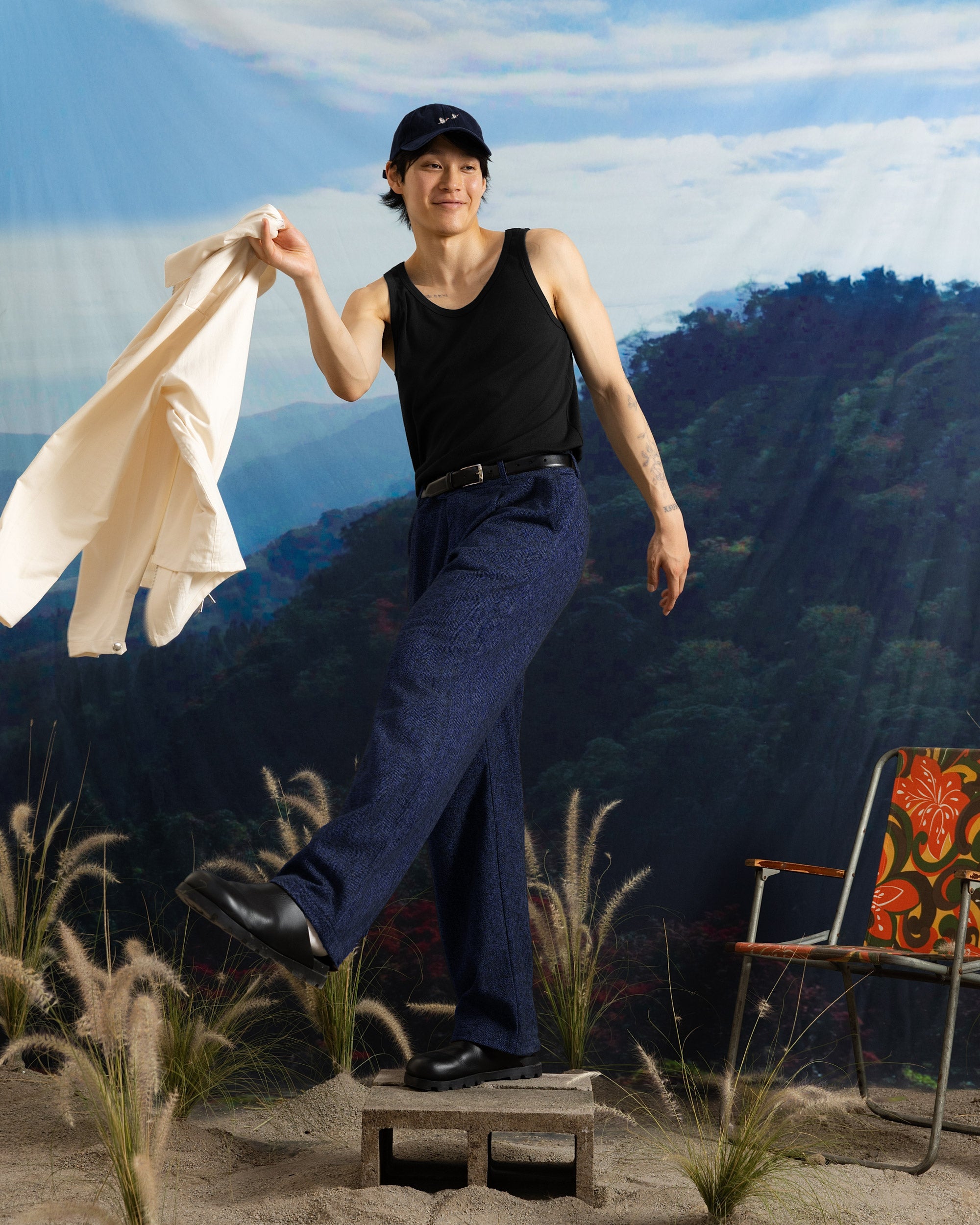 Iki Pleated Trouser Blue Herringbone