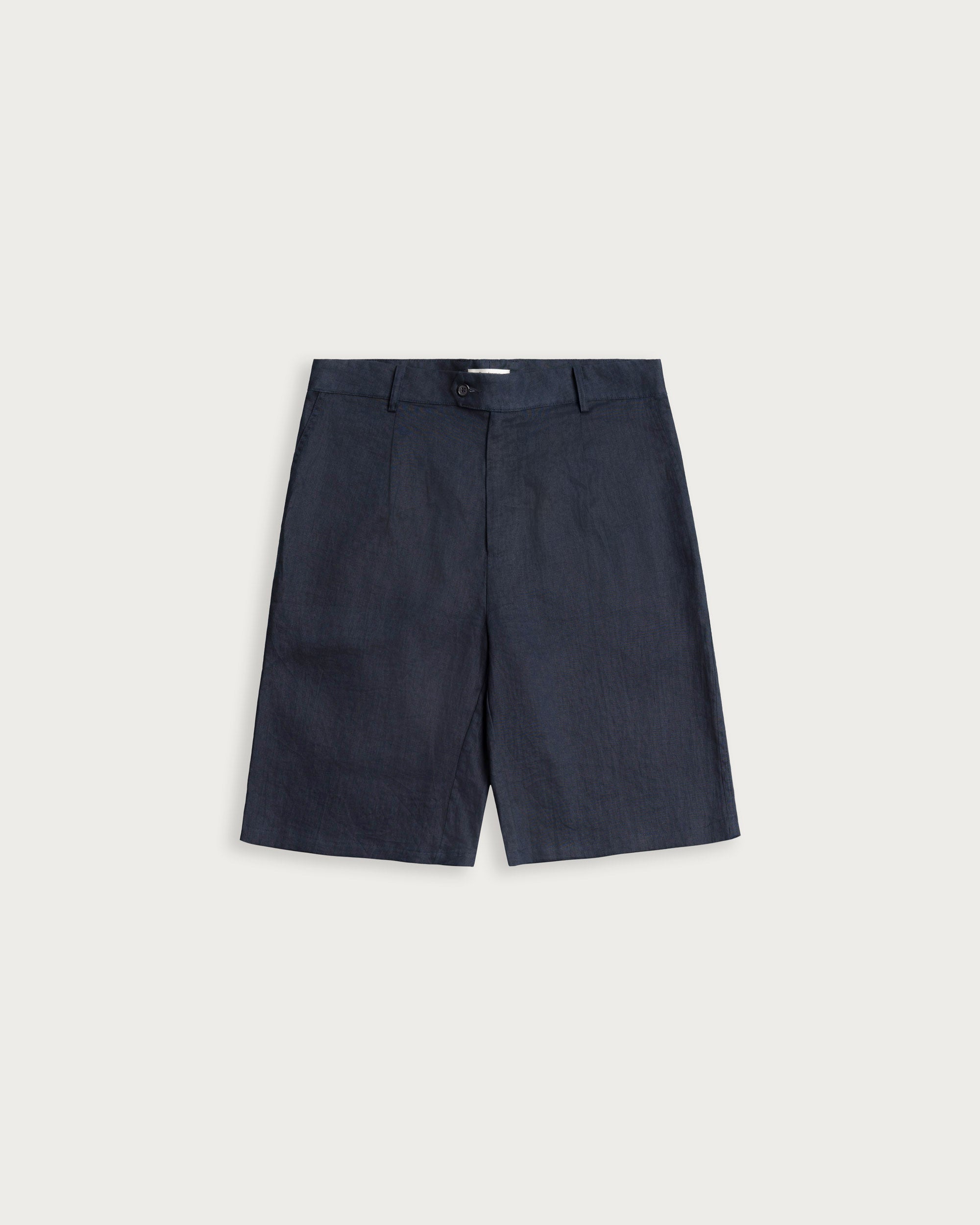 wide leg pleated shorts navy linen