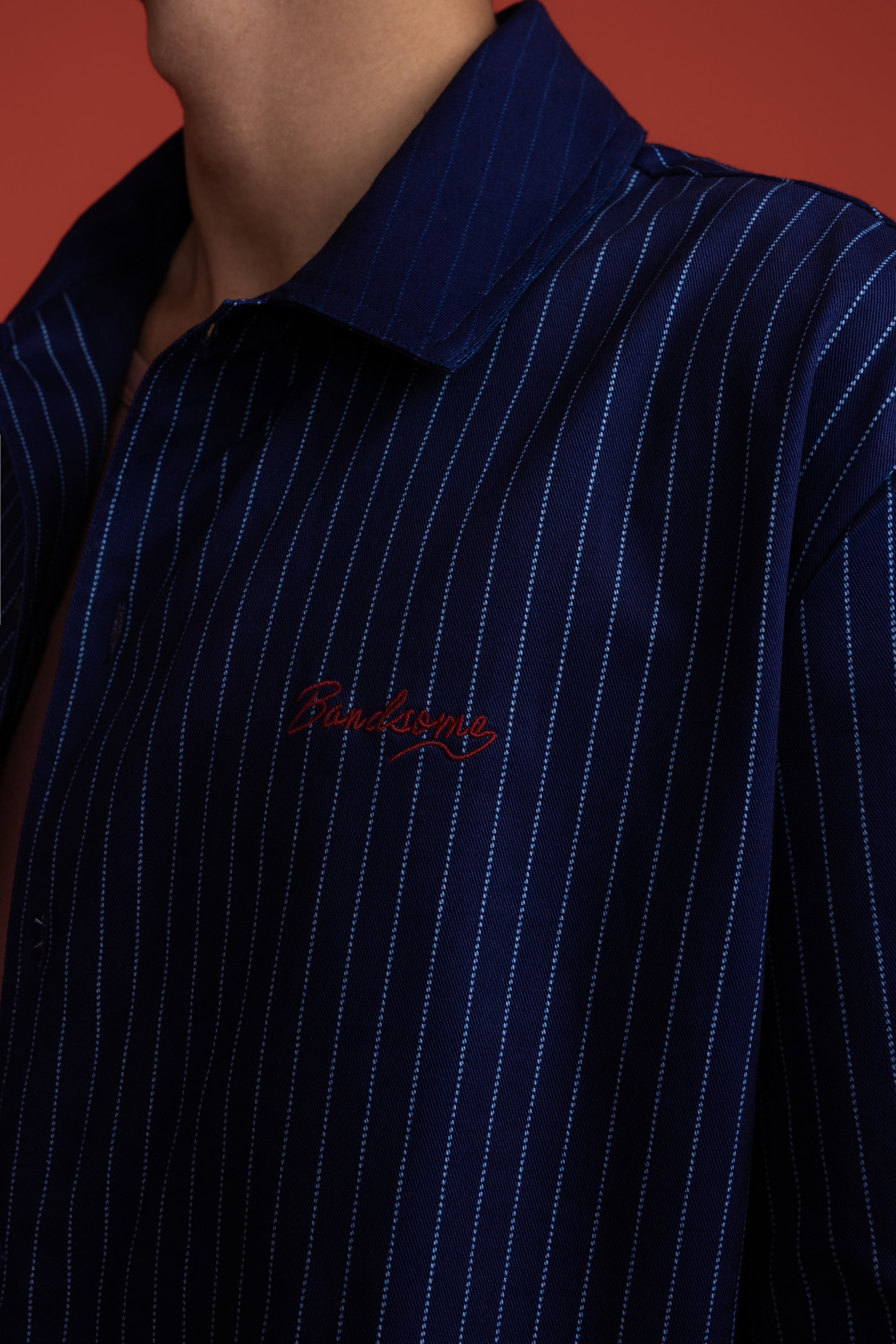 SS Button Shirt Navy Pinstripe Logo-5