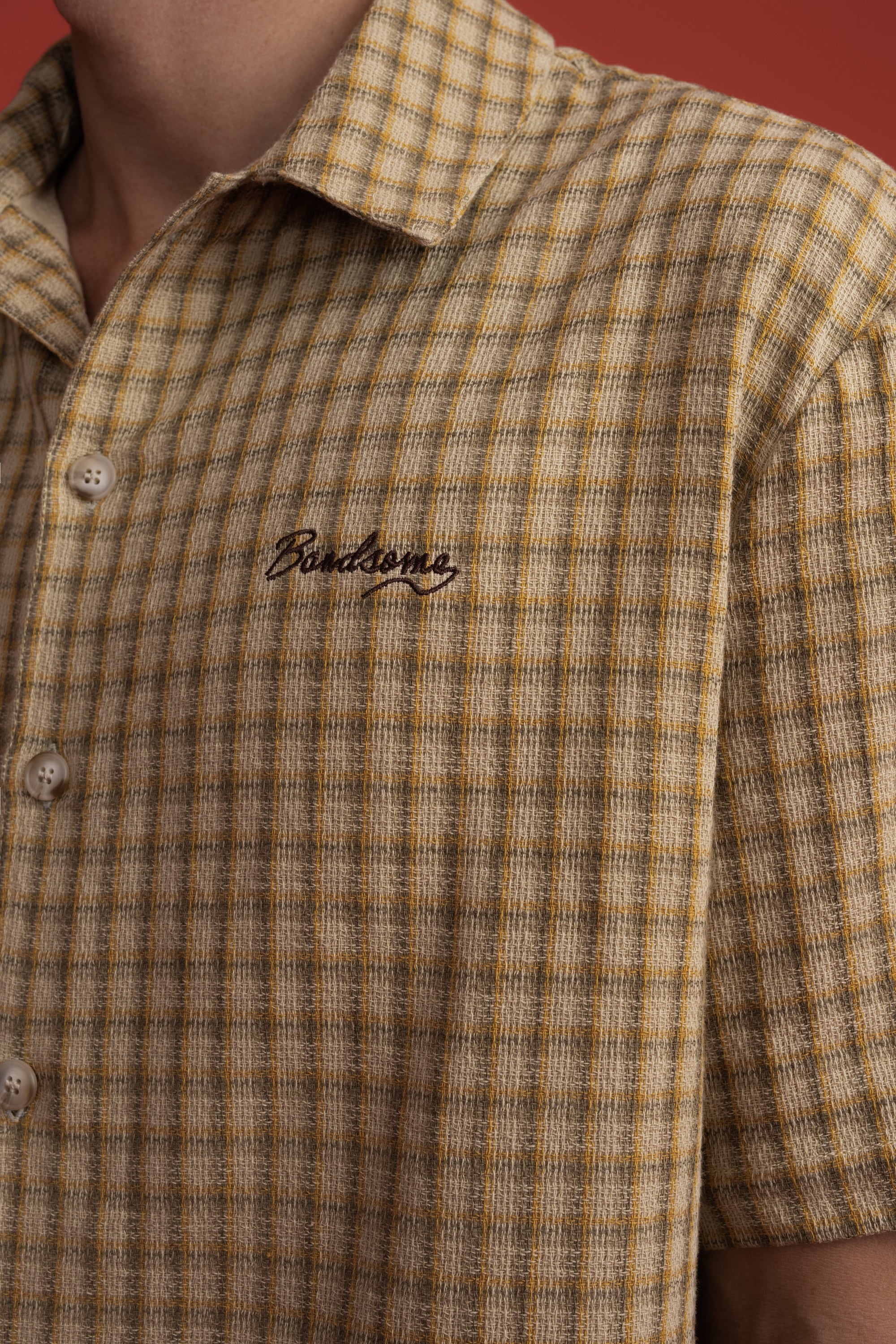 SS Button Shirt Cream Check Logo-3